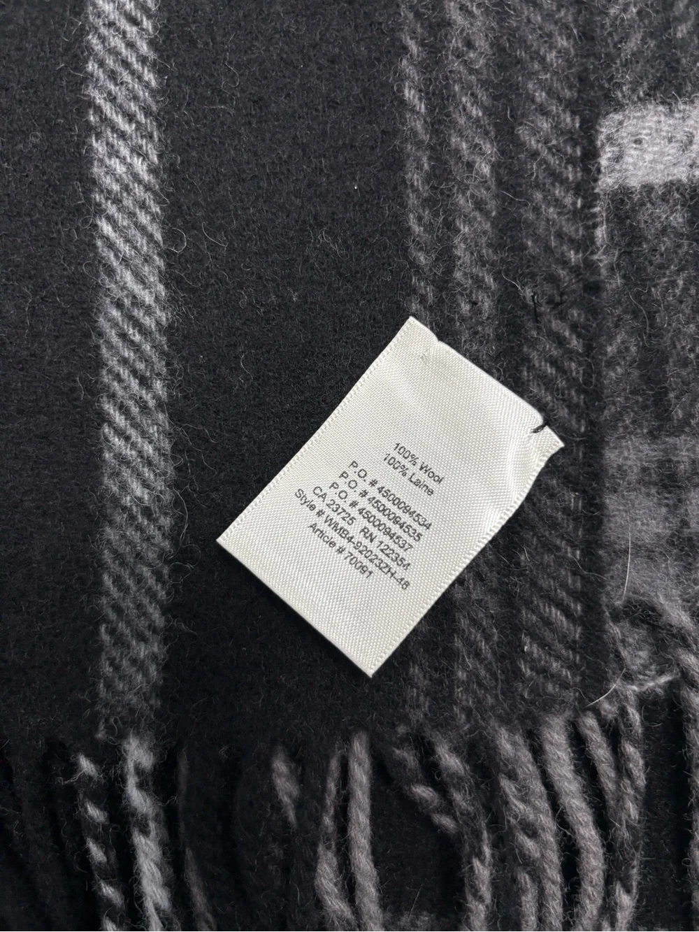 ALXILIARY 100% Wool Black Gray Plaid Fringe Oversized Scarf
